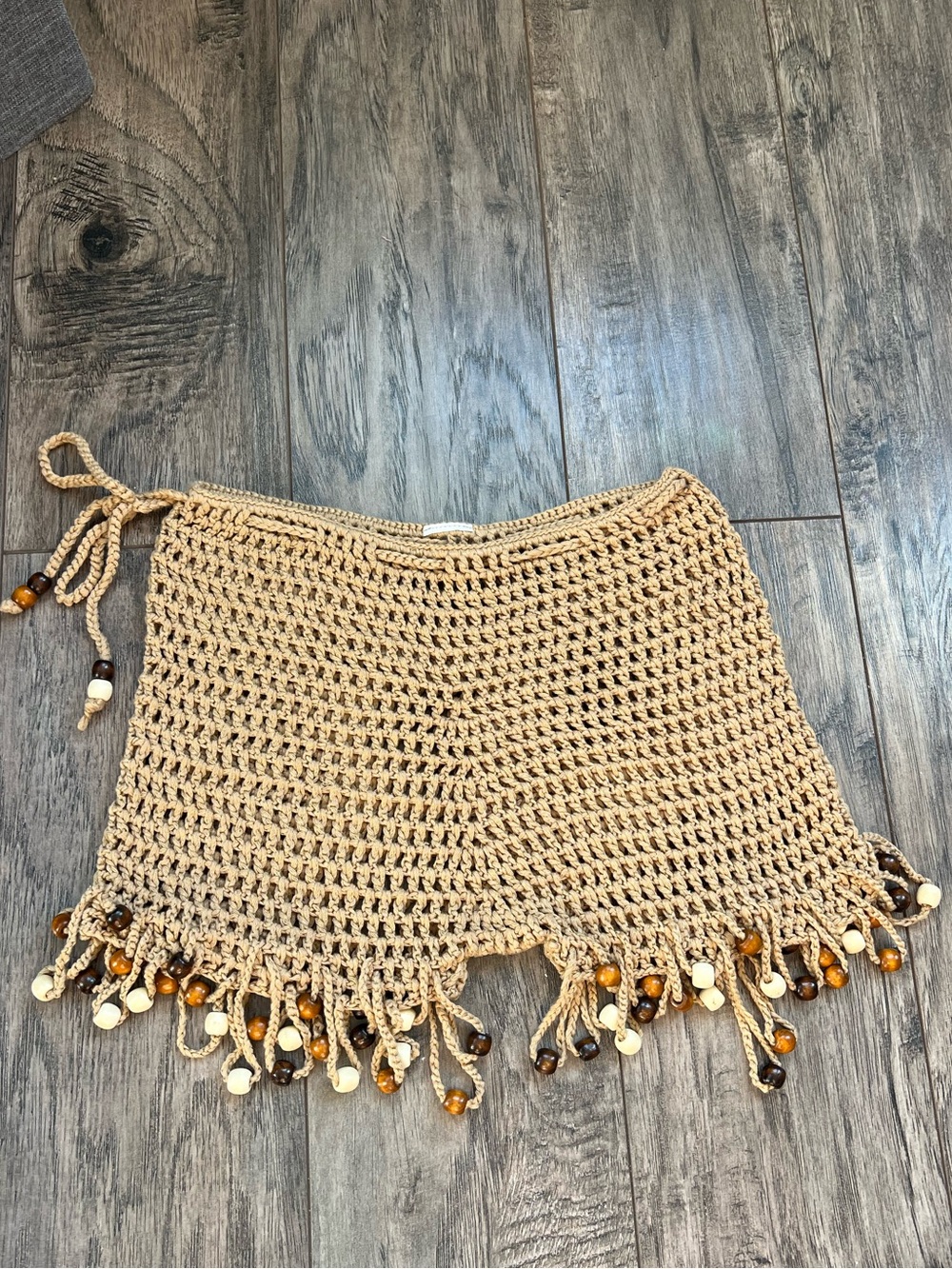 Boho Tan Crochet Knit Beaded Beach Cover Up Shorts S